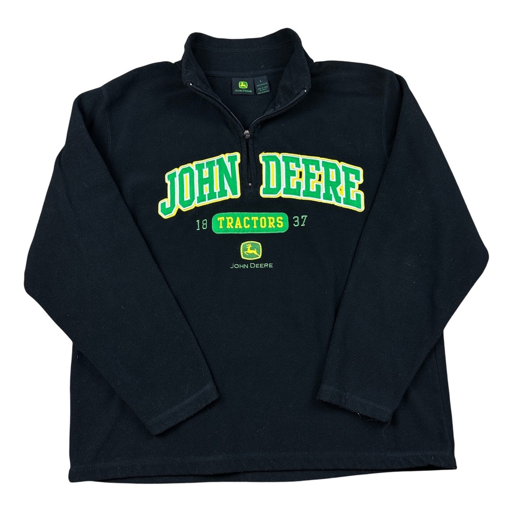 John Deere Mens Large Black Fleece Quarter Zip Pullover Embroidered Tractor Logo